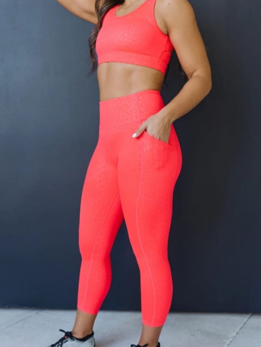 KIAVA Neon Coral High-Waist Capri Leggings with Pockets